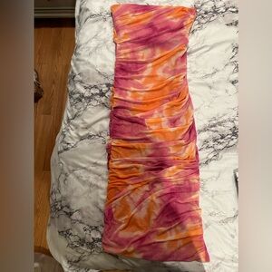 Tight, roughed, pink, and orange dress